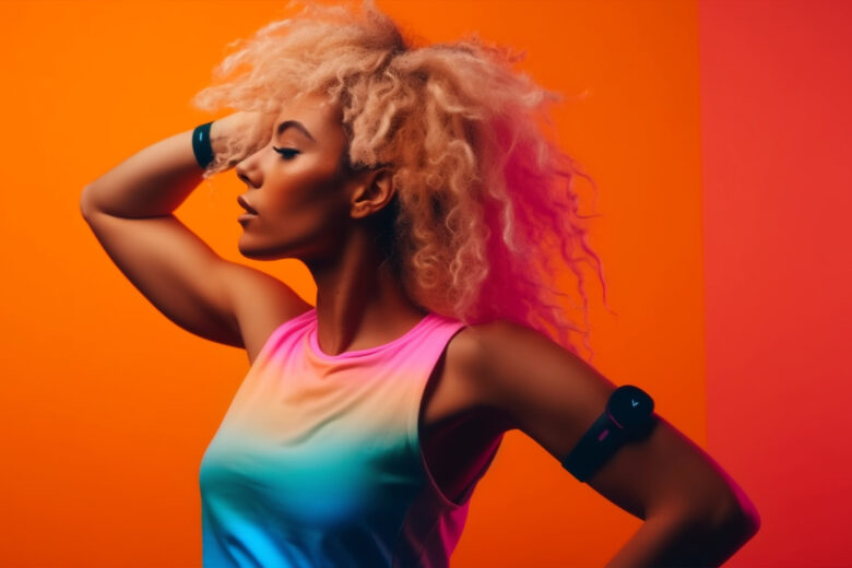 Woman posing against vibrant orange background.
