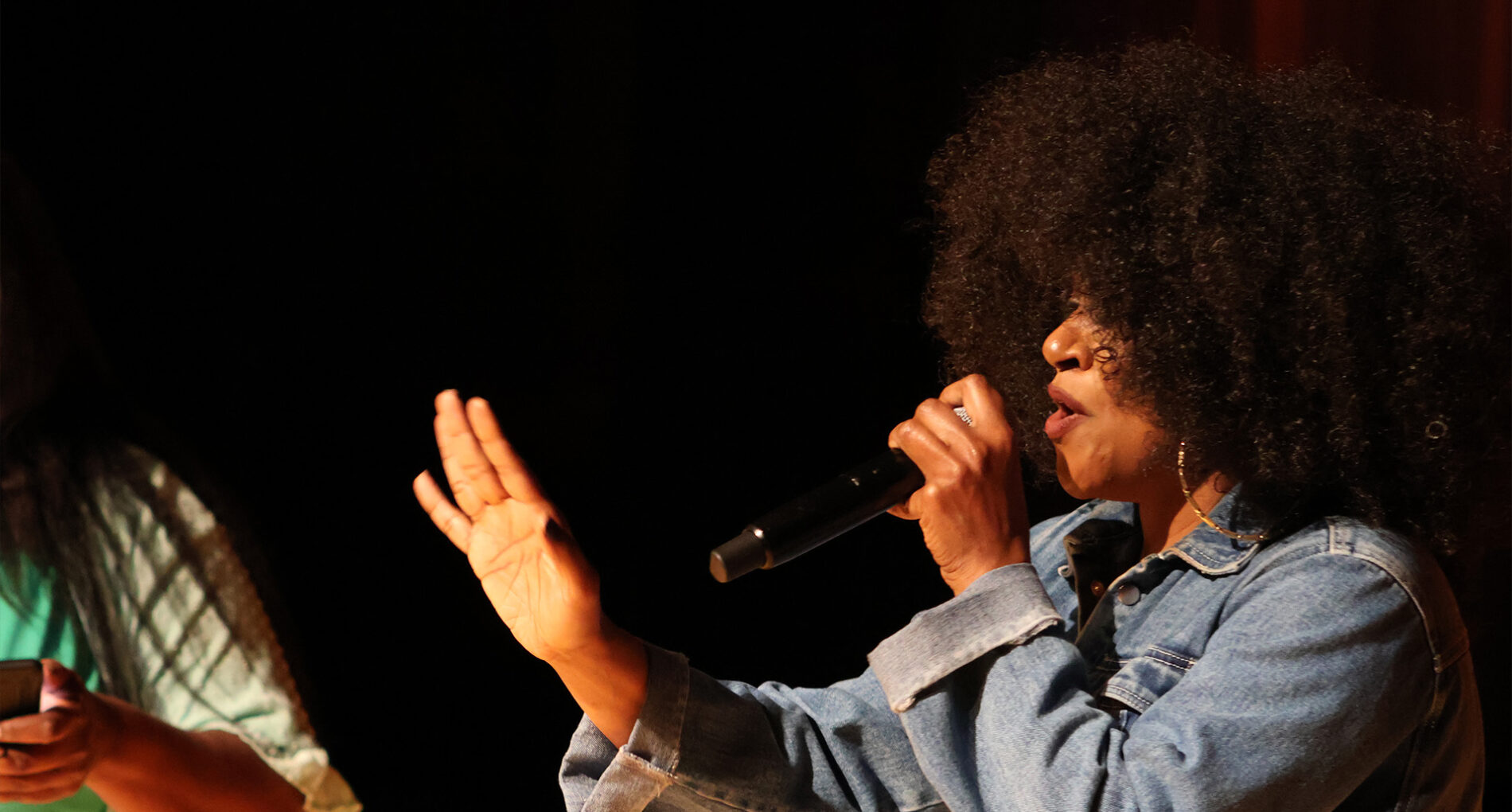 Singer performing on stage with microphone.